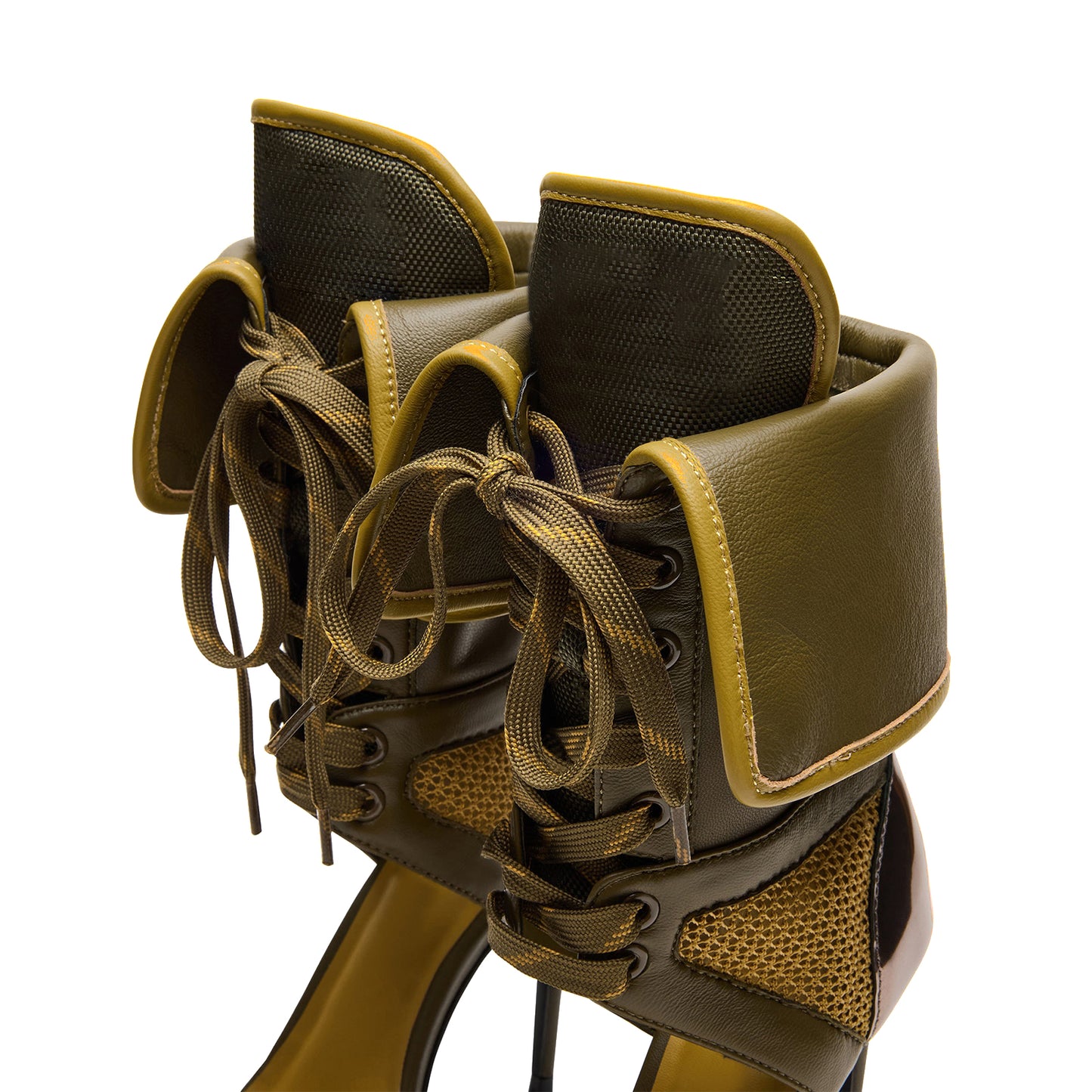 Green Open Round-Toe Mesh And Lace-Up Shaft Back Metallic Design Stiletto High Heels