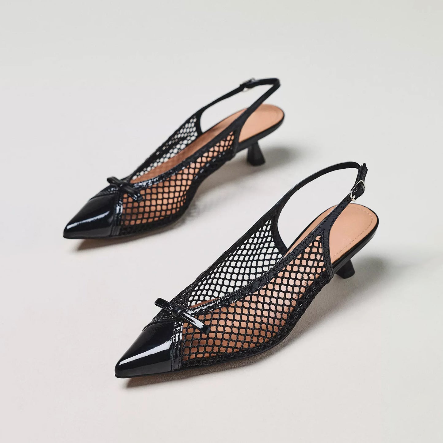 Black Mesh Patent Pointed-Toe Front Bow Slingback Kitten Heels