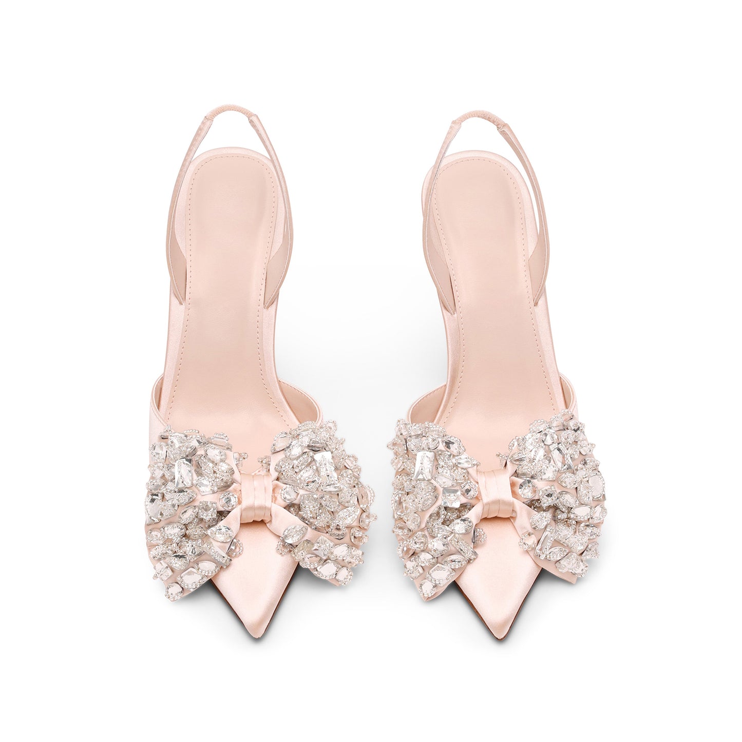 Champagne Satin Pointed-Toe Crystals Front Bow Slingback High Heels Pumps