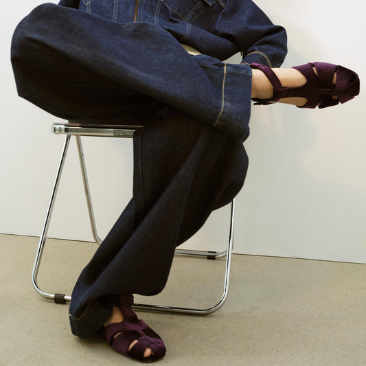 Purple Velvet Square-Toe Caged Detail Buckle Strap Sandals Flats