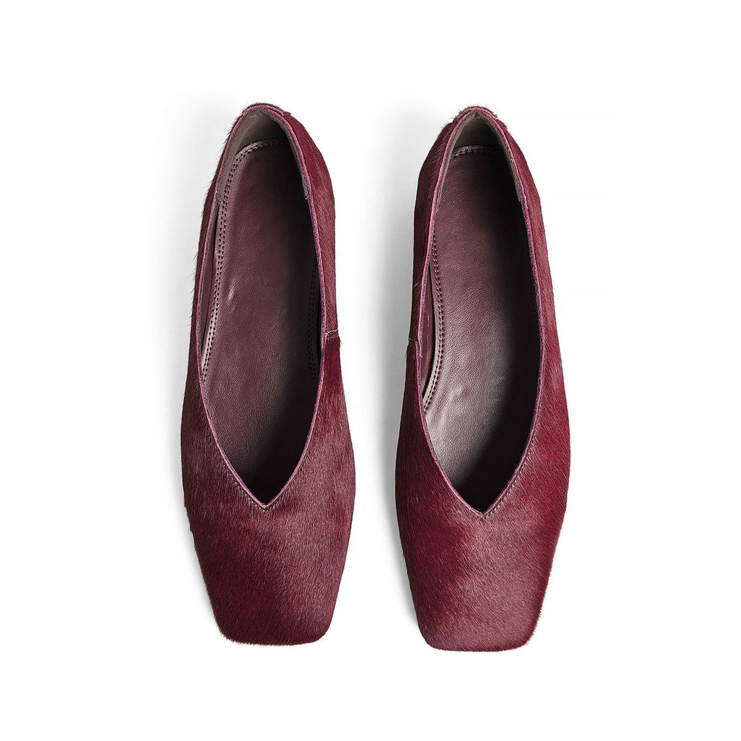 Burgundy Pony Hair Vegan Leather Square-Toe Simple Slip-On Ballet Flats