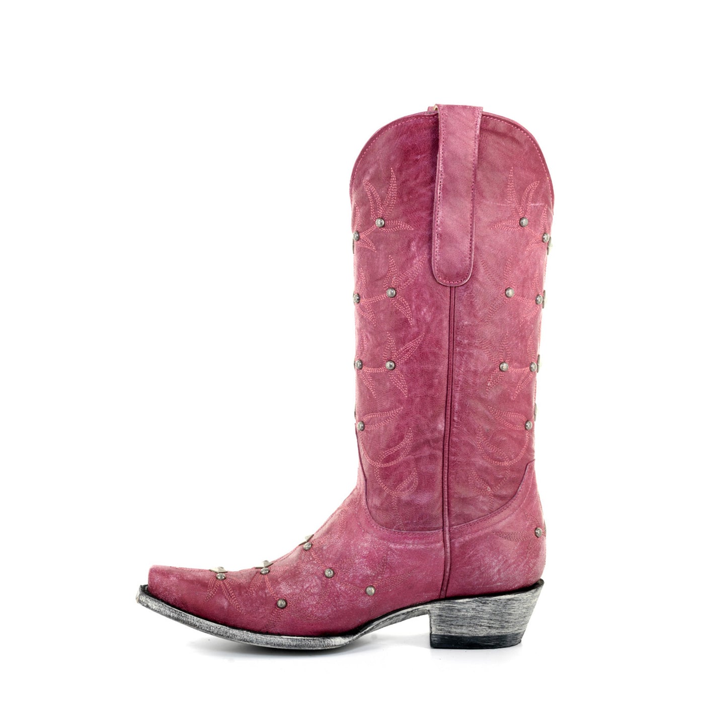Pink Snip-Toe Studs And Embroidery Mid Calf Chic Cowgirl Boots