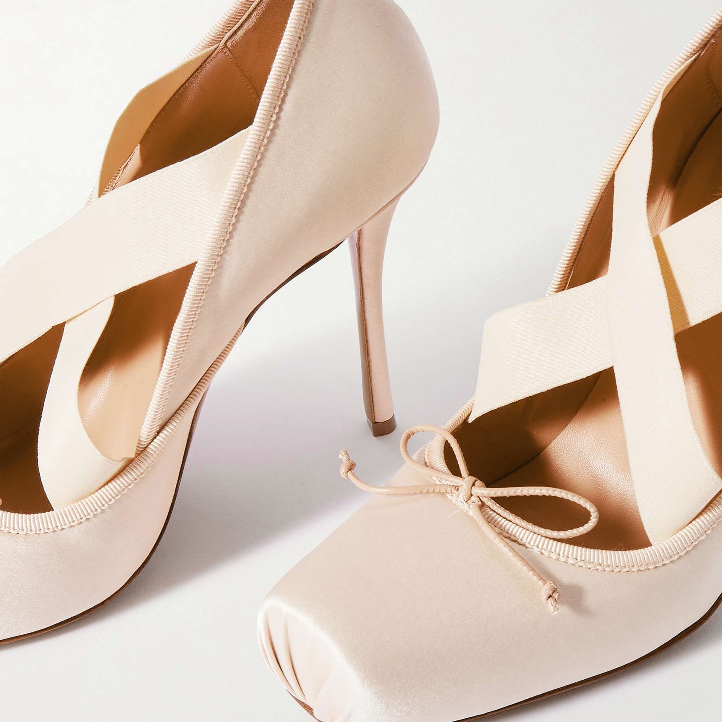 Blush Pink Satin Square-Toe Front Bow Cross Straps High Heels