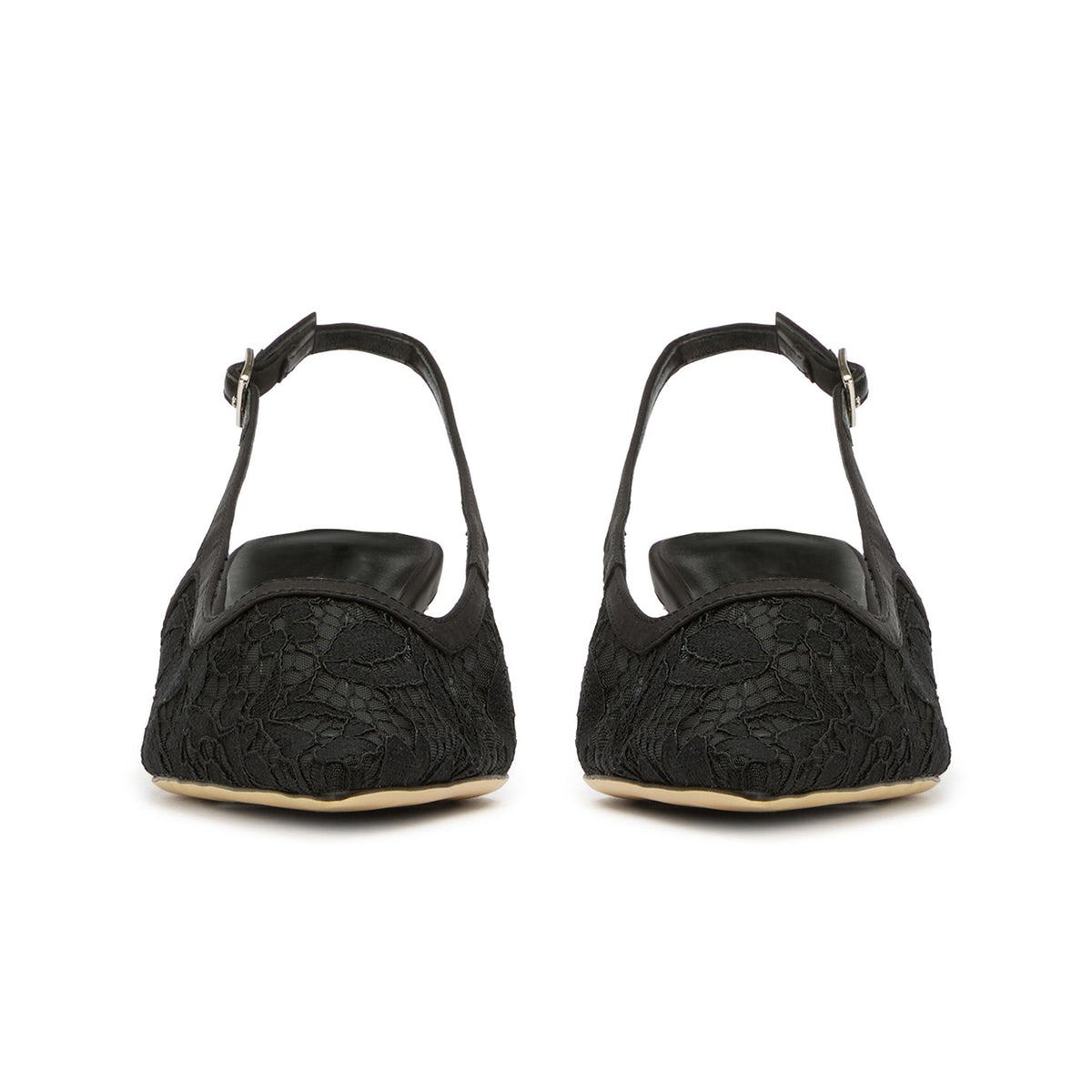 Chic Pointed-Toe Buckle Slingback Kitten Heels - Black Lace Mesh And Satin