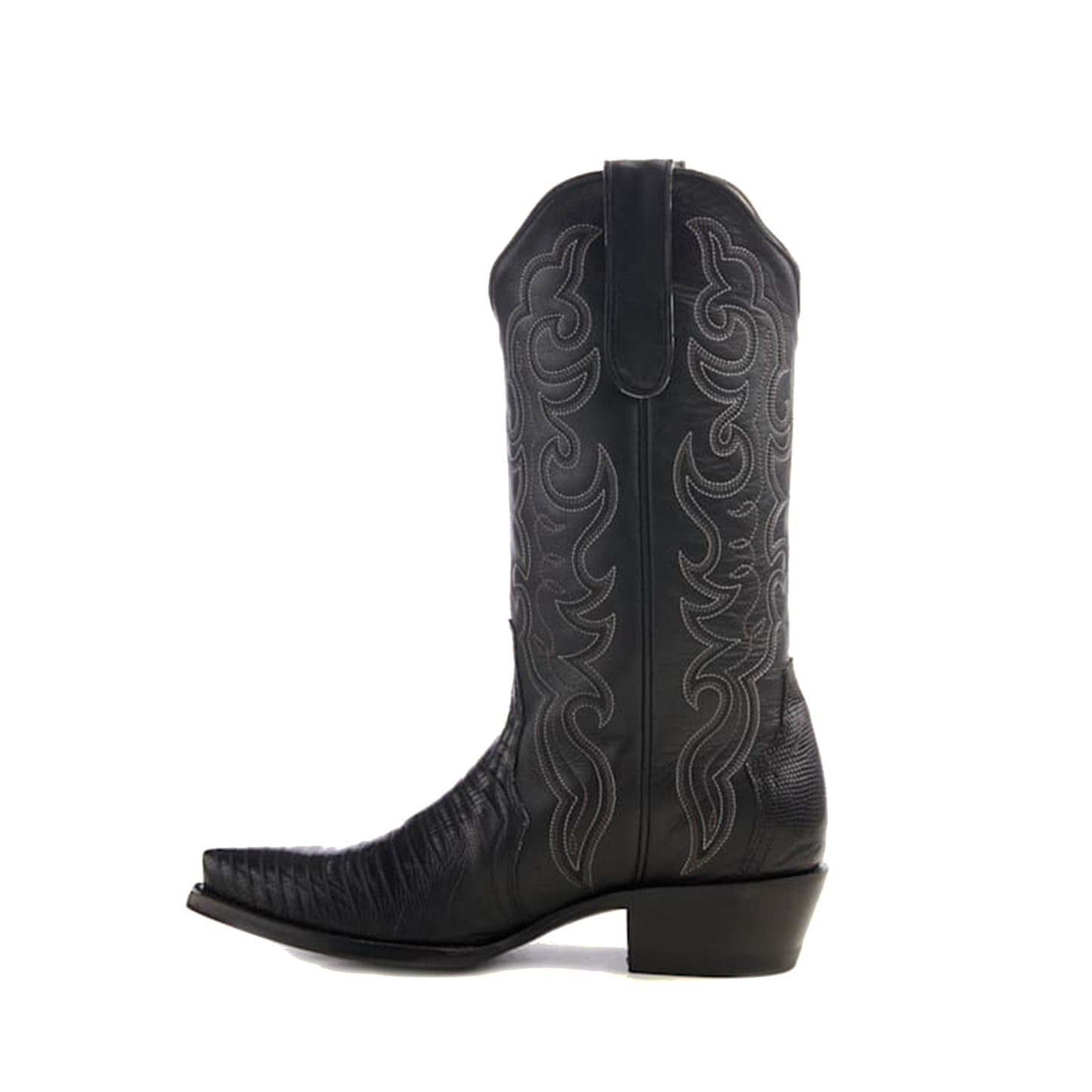 Black Contrast Vegan Leather And Lizard Print Snip-Toe Embroidery Classic Mid Calf Cowgirl Boots