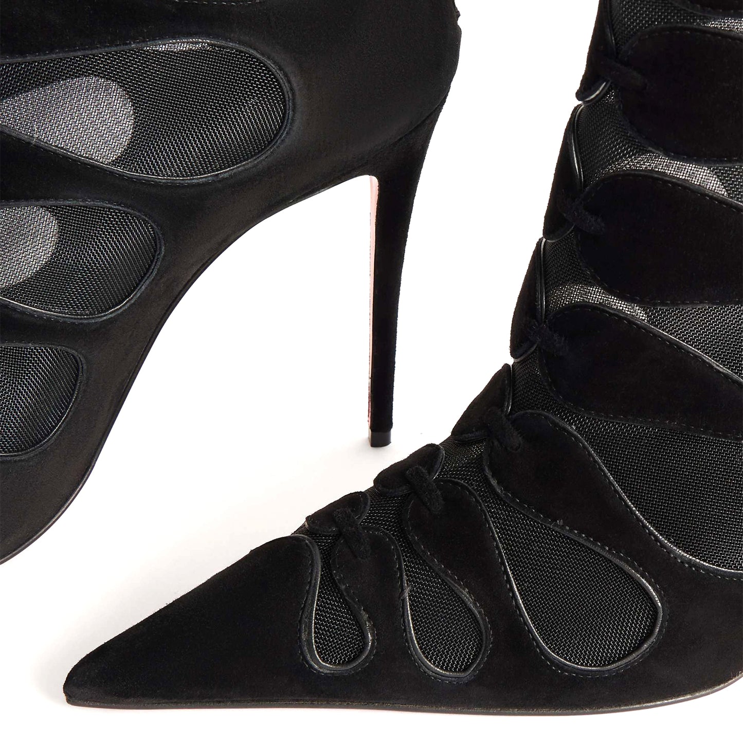 Black Faux Suede And Mesh Pointed-Toe Back Full-Zip Ankle Stiletto Boots