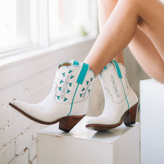 White Snip-Toe Tulip Inlay Embroidery Ankle Cowgirl Boots