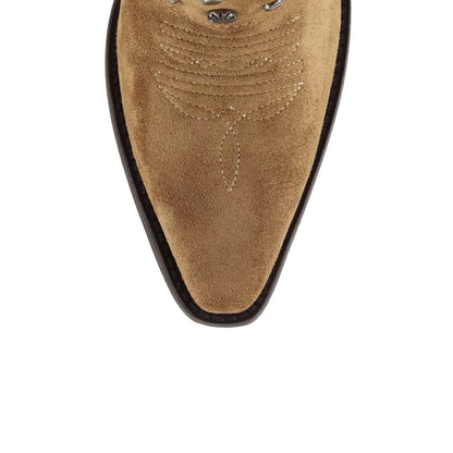 Brown Faux Suede Snip-Toe Studded Fold-Over Full-Zip Mid Calf Cowgirl Boots