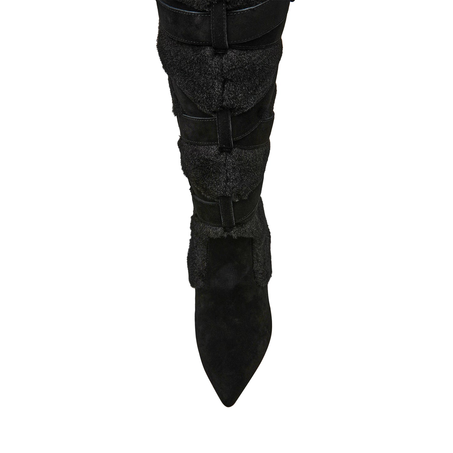 Black Faux Suede Contrast Plush Pointed-Toe Full-Zip Buckle Knee High Stiletto Boots