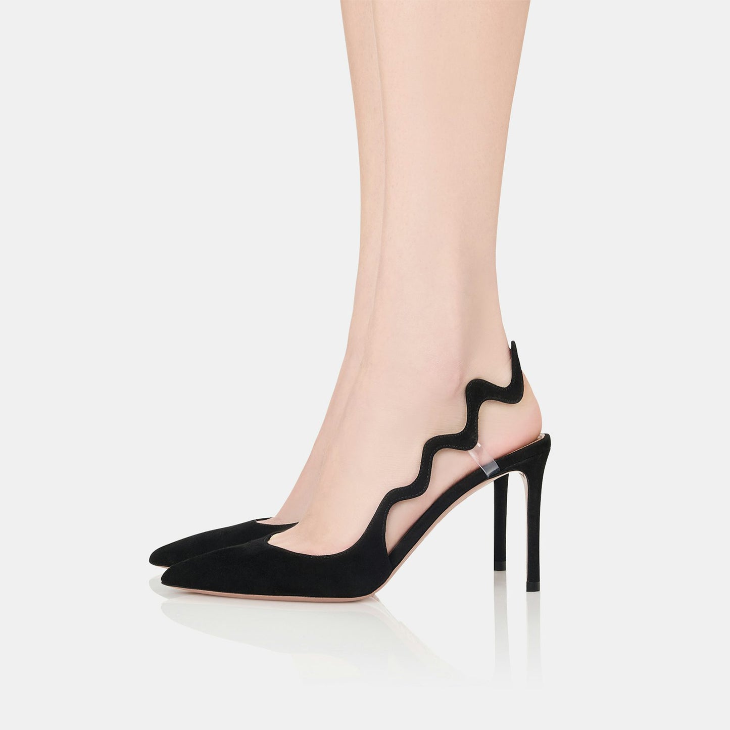 Black Faux Suede Pointed-Toe Undulating Slingback High Heels