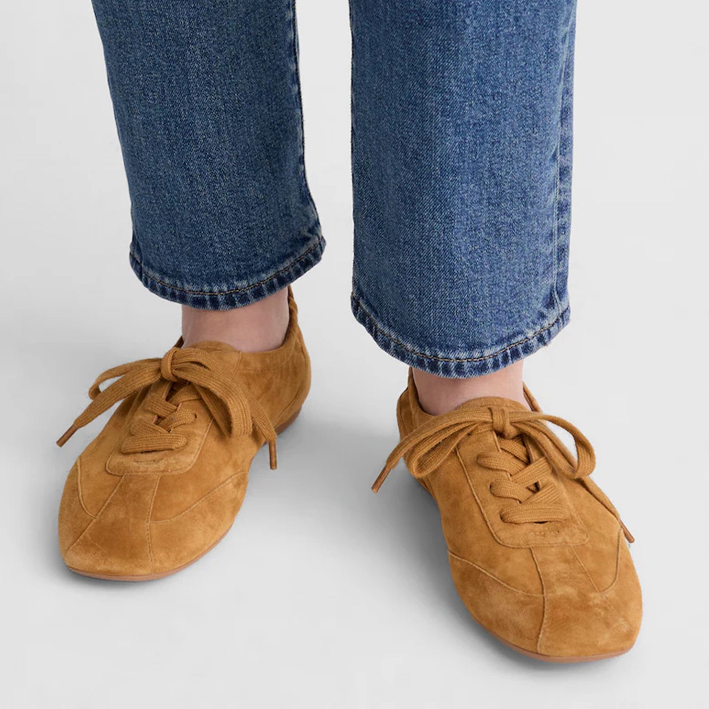 Sand Cow Suede Square-Toe Lace-Up Ballet Sneakers