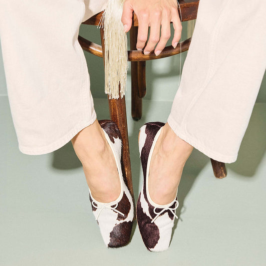 Cow Print Pony Hair Square-Toe Front Bow Ballet Flats