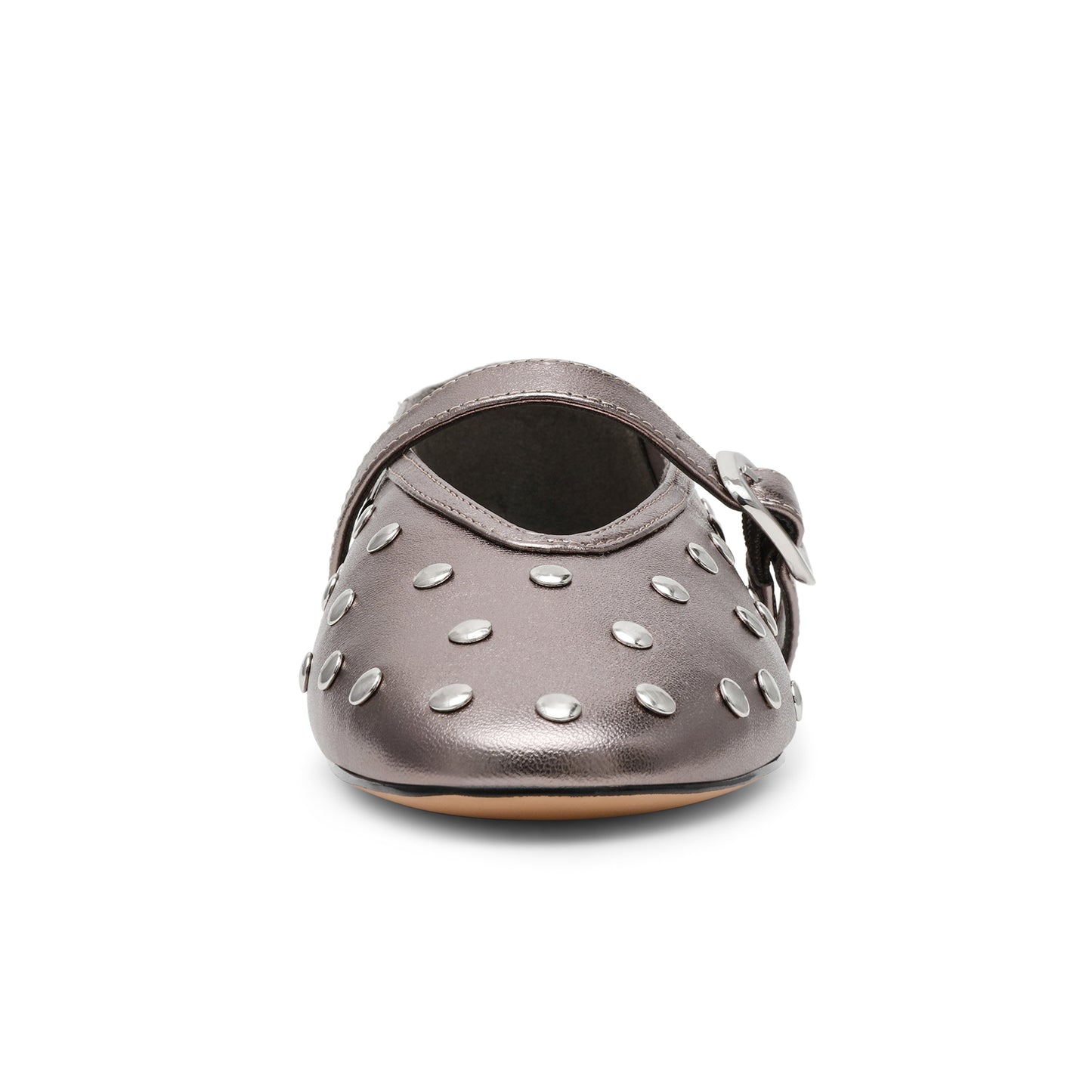 Metallic Pewter Round-Toe Studs And Mary Jane Ballet Flats
