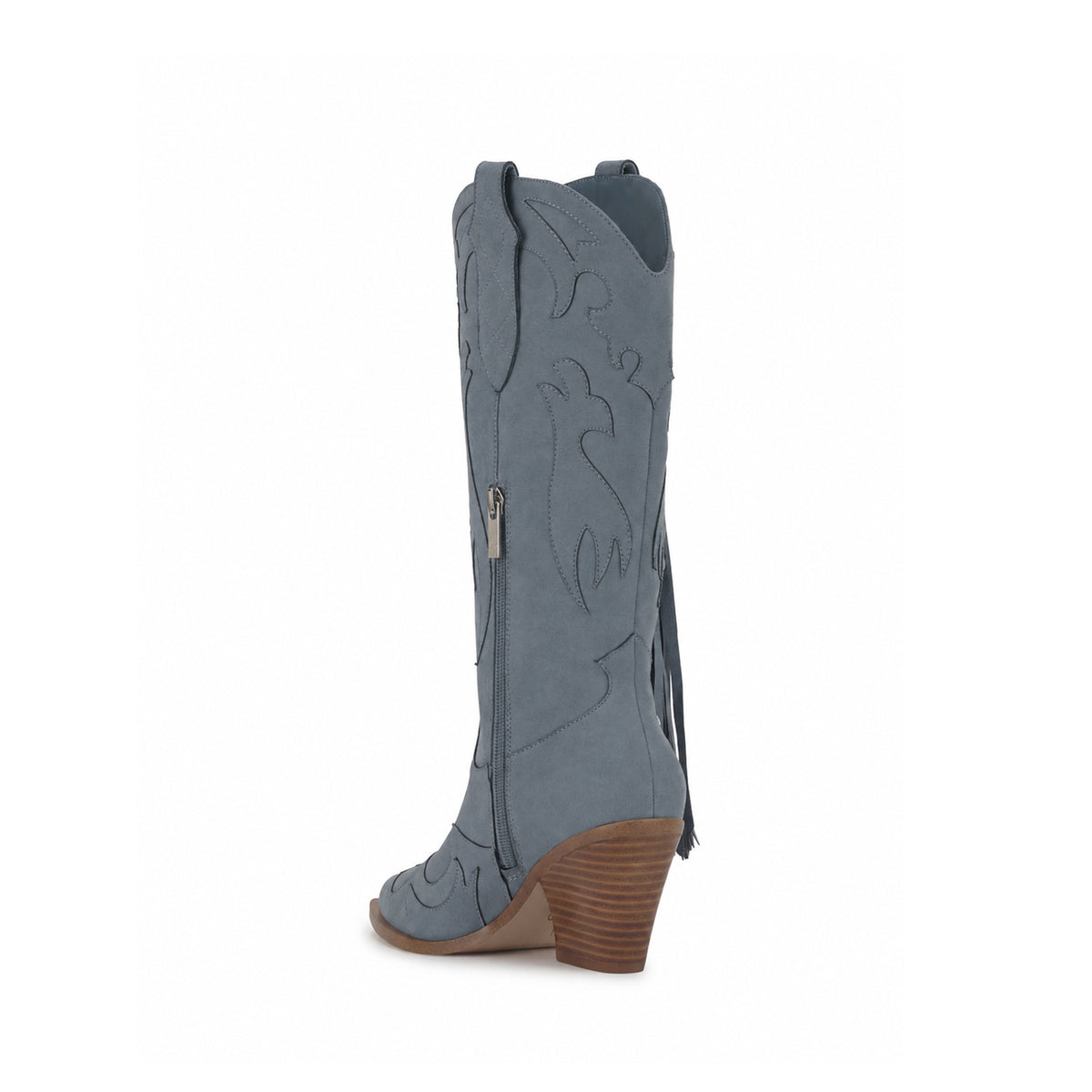 Dark Blue Faux Suede Almond-Toe Applique And Side Fringe Half-Zip Knee High Cowgirl Boots