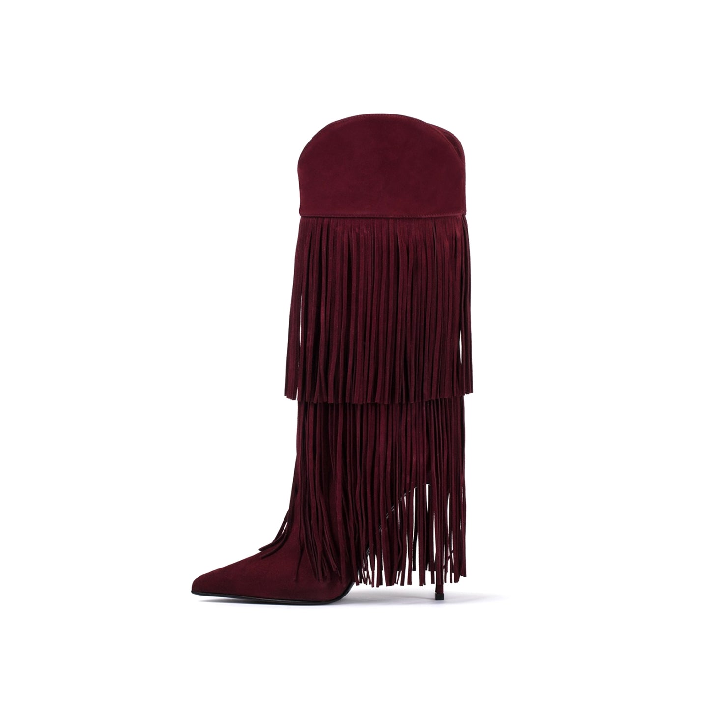 Cherry Red Faux Suede Pointed-Toe Shaft Fringe Mid Calf Stiletto Boots