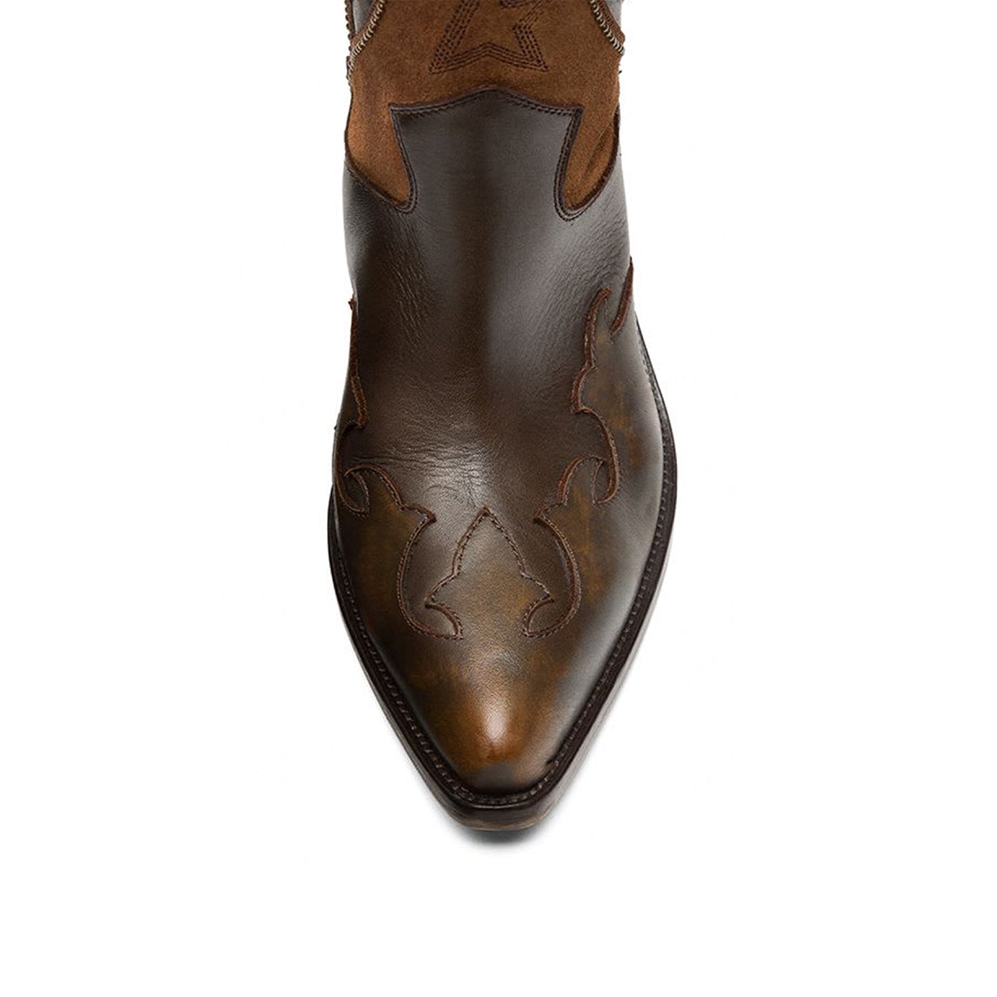 Brown Contrast Vegan Leather And Faux Suede Snip-Toe Studded Inlay Mid Calf Cowgirl Boots