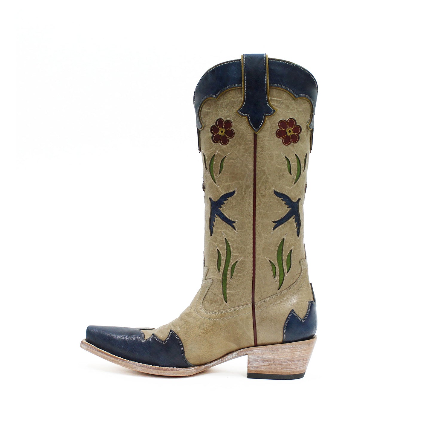 Contrast Bone And Blue Snip-Toe Birds Flowers Inlays Mid Calf Cowgirl Boots