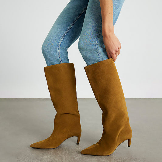 Brown Faux Suede Pointed-Toe Sleek Wide Calf Knee High Stiletto Boots