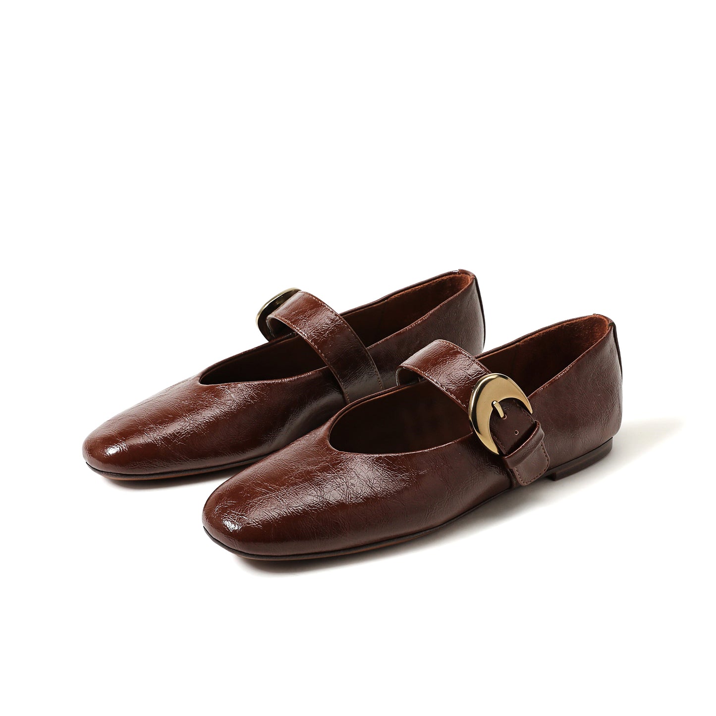 Dark Brown Vegan Leather Square-Toe Buckle Bridge Strap Ballet Flats