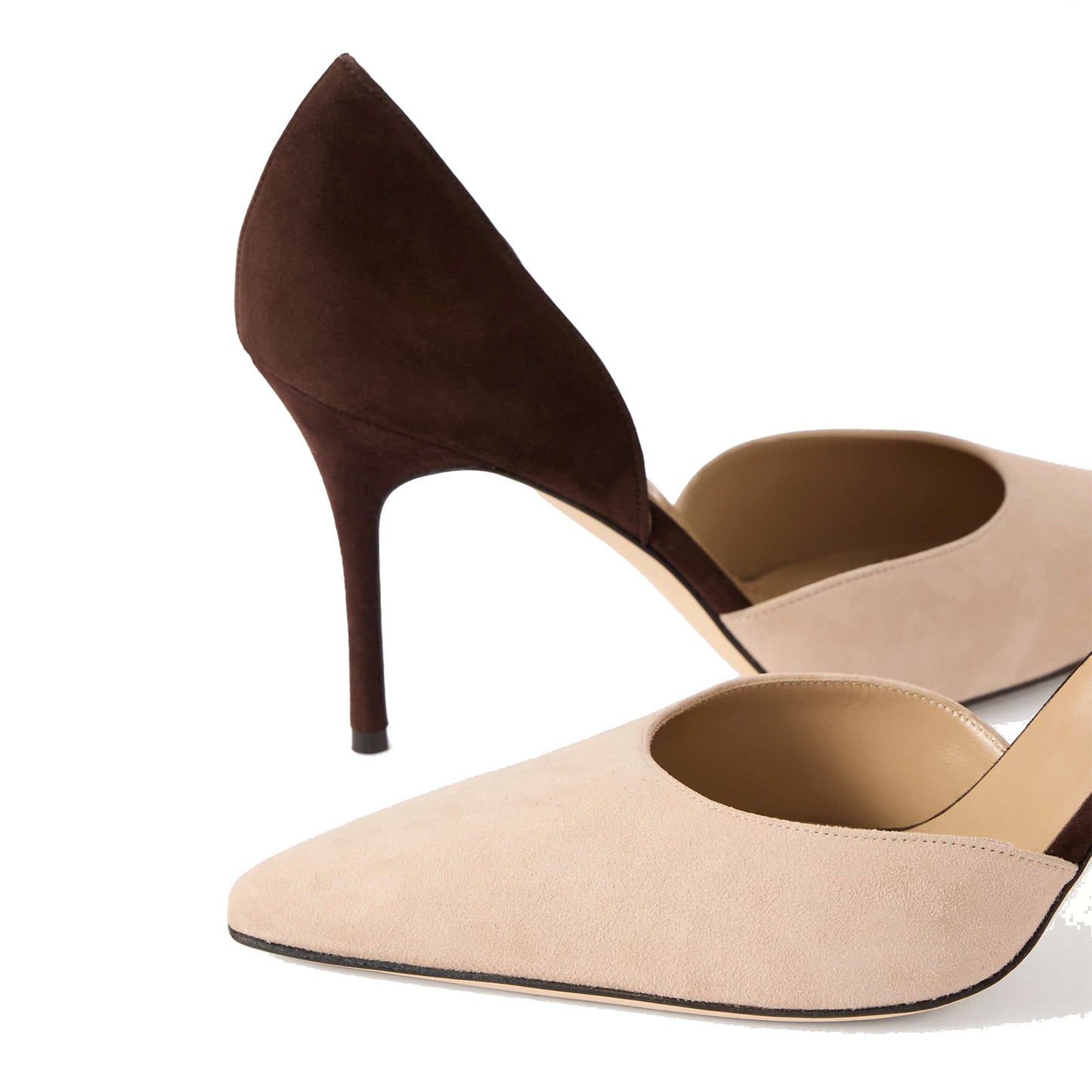 Contrast Beige And Brown Faux Suede Pointed-Toe Slip-On High Heels