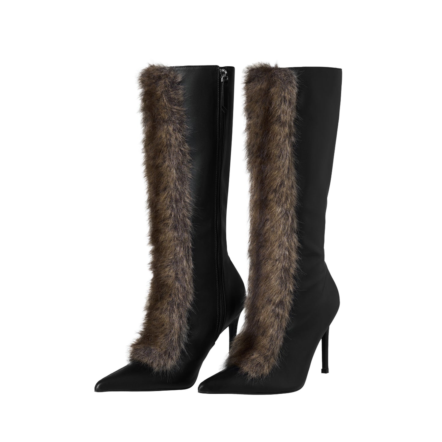 Black Pointed-Toe Faux Mink Plush Full-Zip Mid Calf Stiletto Boots