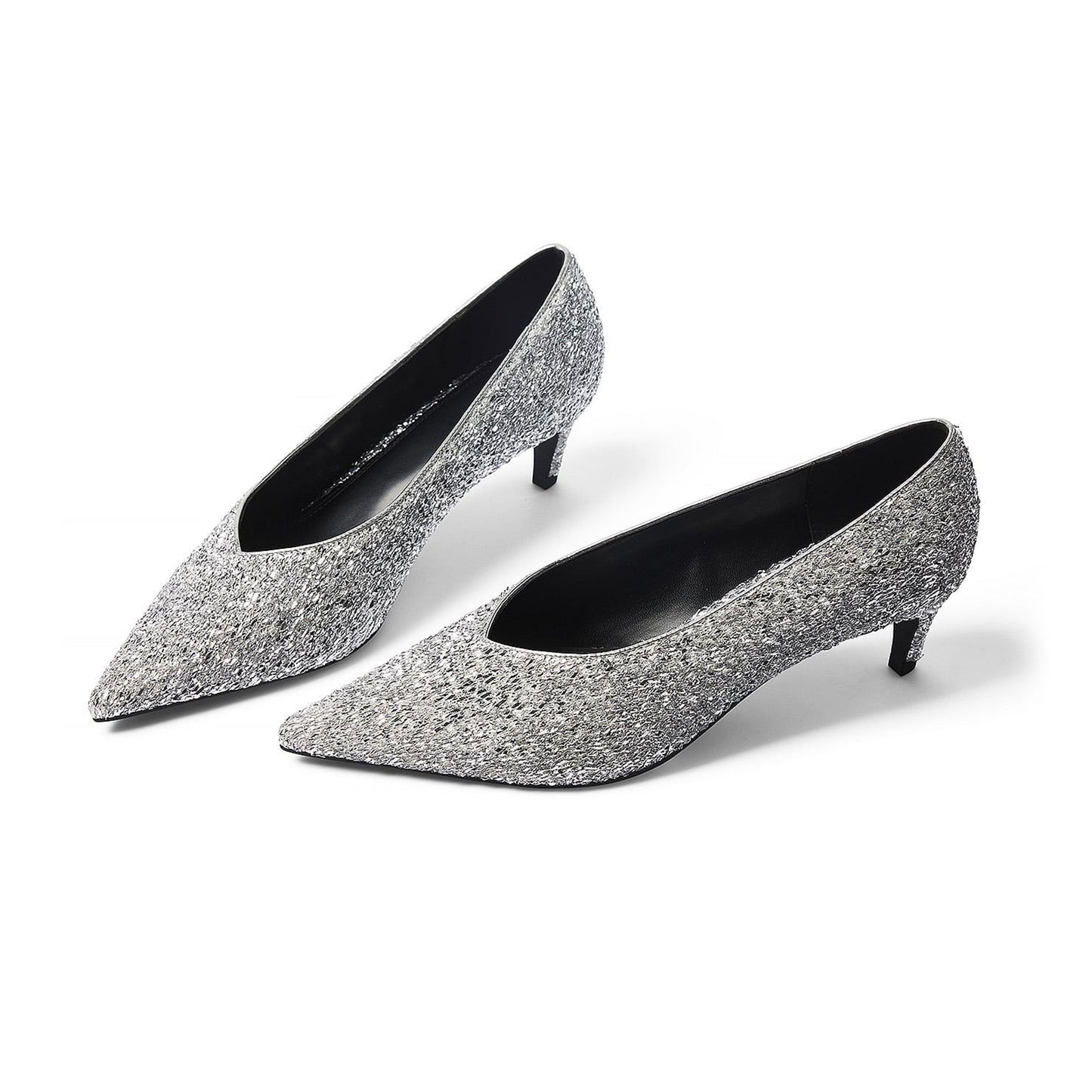 Metallic Silver Pointed-Toe All Sequin Slip-On Kitten Heels