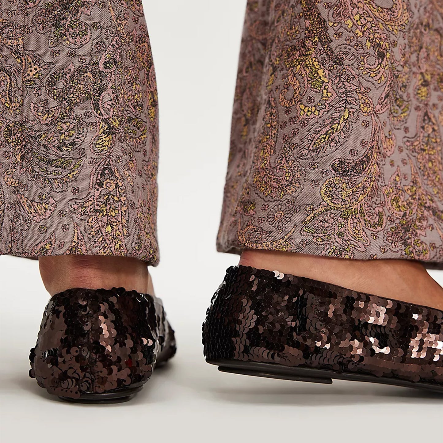 Dark Brown Satin Round-Toe Classic Ballet Slip-On Sequin Flats