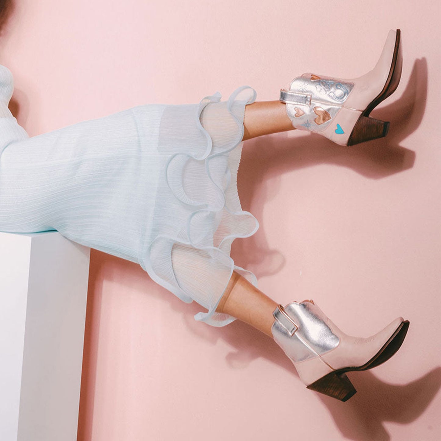 Contrast Silver and Pink Snip-Toe Embroidery Hearts Inlay Ankle Cowgirl Boots