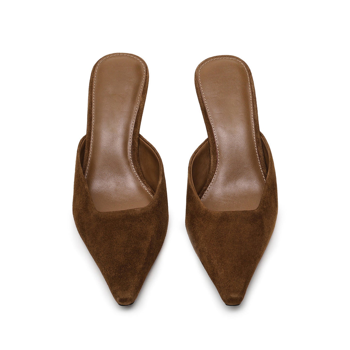 Brown Faux Suede Pointed-Toe Classic Slip-On Backless Kitten Heels
