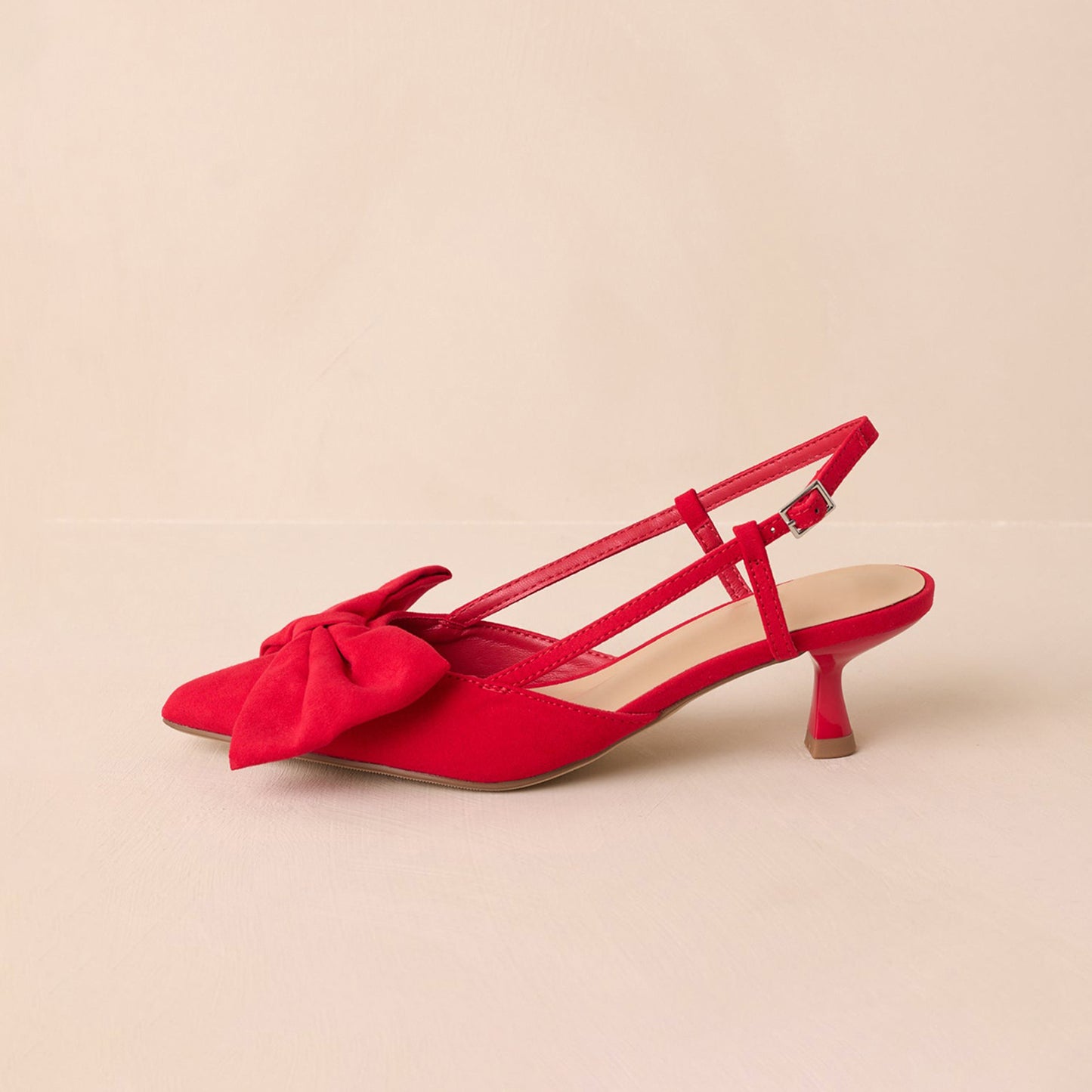 Red Faux Suede Pointed-Toe Front Bow Slingback Kitten Heels