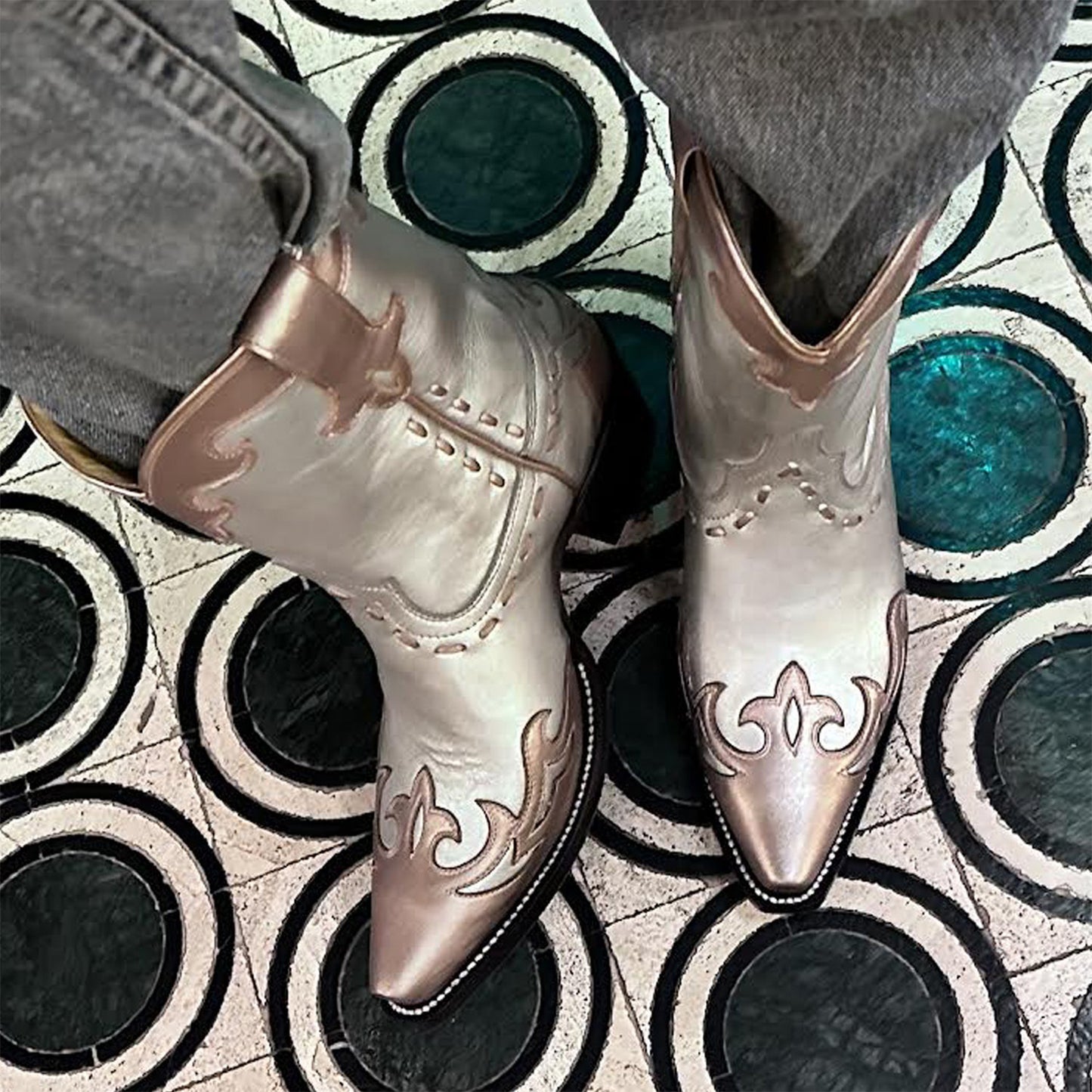 Contrast Silver And Rose Gold Snip-Toe Running Stitch Ankle Cowgirl Boots