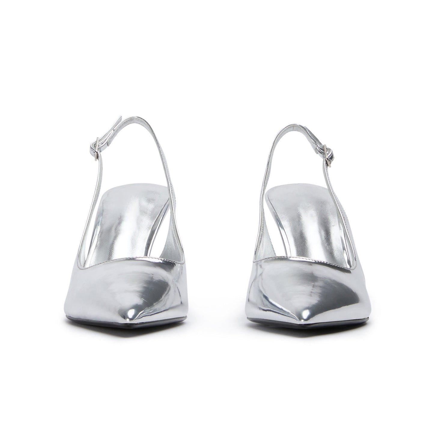 Metallic Silver Pointed-Toe Classic Buckle Slingback Kitten Heels