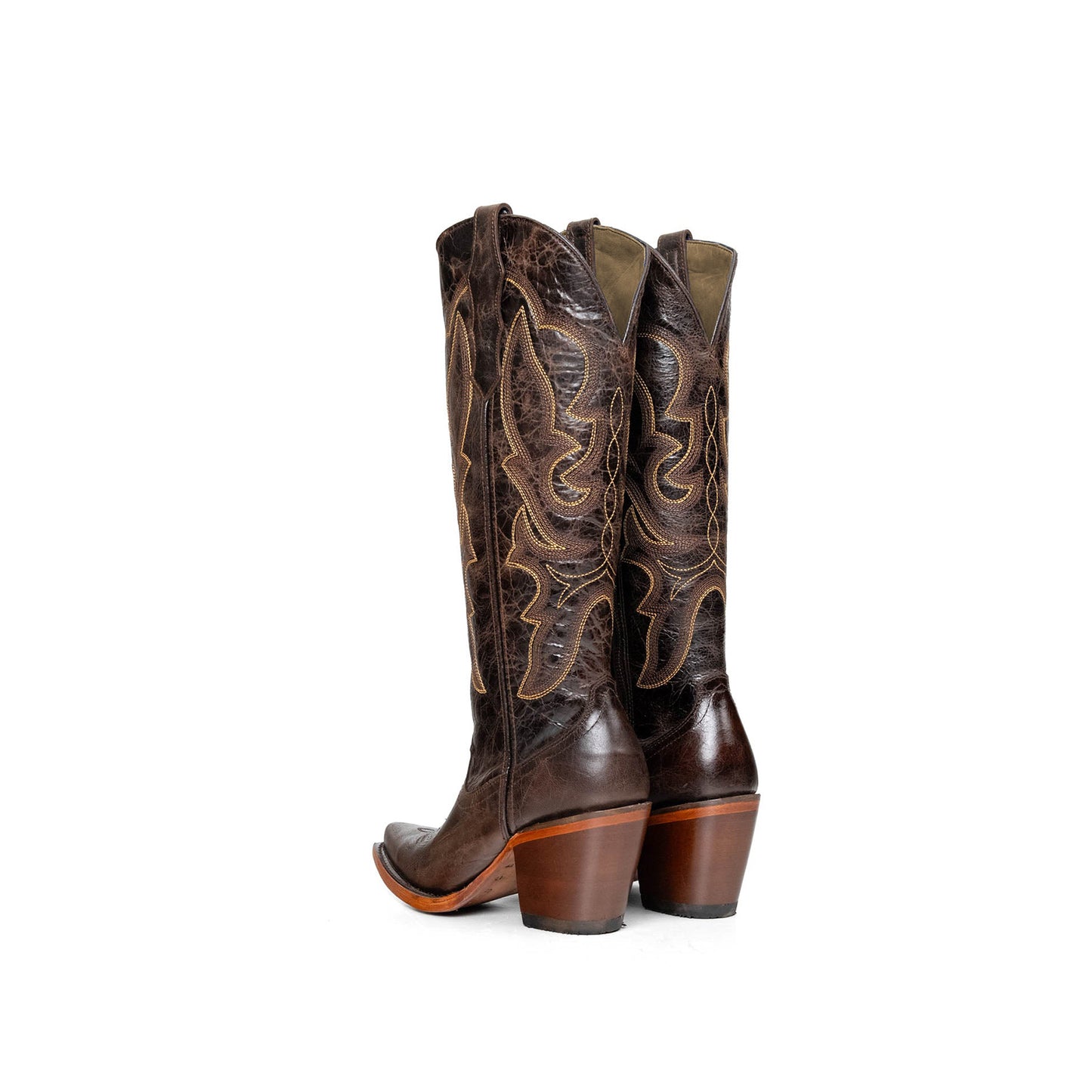 Distressed Dark Brown Snip-Toe Embroidery Half-Zip Knee High Cowgirl Boots