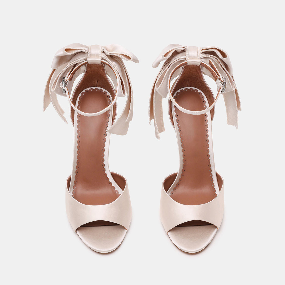Ivory Satin Round-Toe Back Big Bow And Ankle Strap Chic High Heels