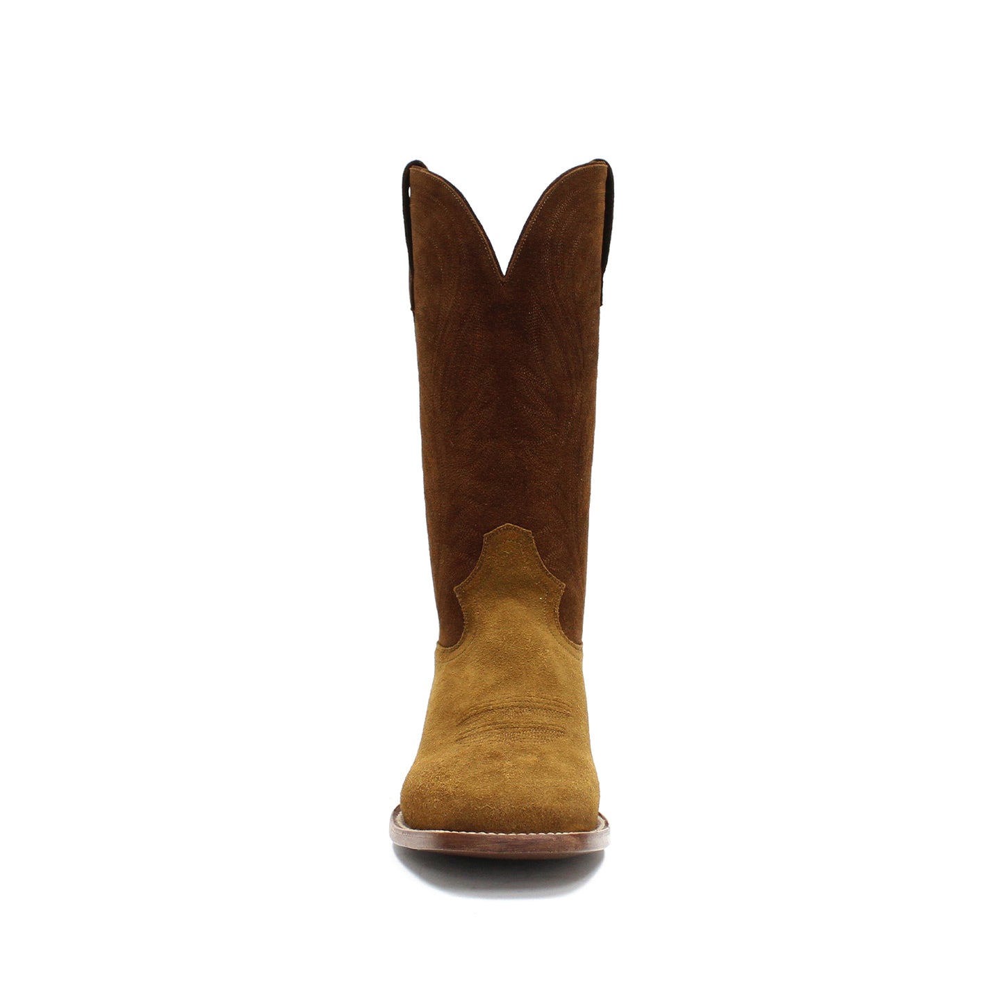 Contrast Chocolate And Camel Square-Toe Embroidery Mid Calf Cowgirl Boots