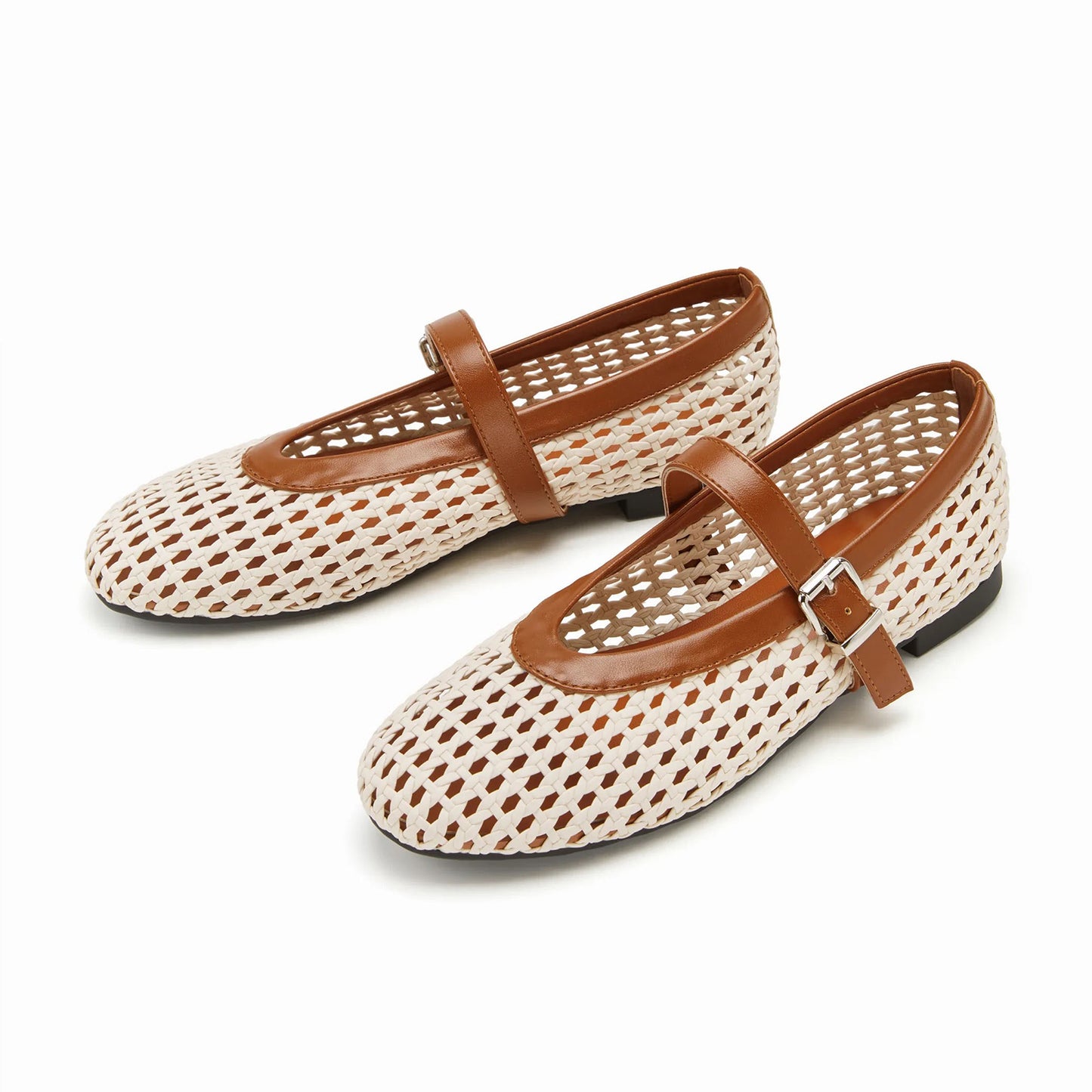 Cream Woven Vegan Leather Round-Toe Buckle Mary Jane Classic Flats
