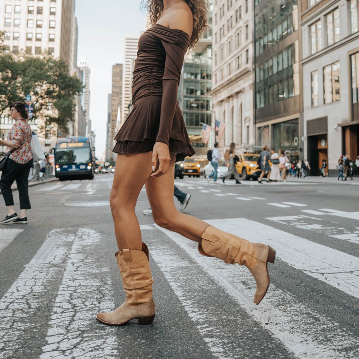 Contrast Sand Vegan Leather And Brown Faux Suede Snip-Toe Slouch Chic Mid Calf Cowgirl Boots