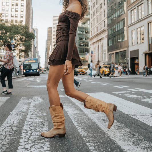 Contrast Sand Vegan Leather And Brown Faux Suede Snip-Toe Slouch Chic Mid Calf Cowgirl Boots