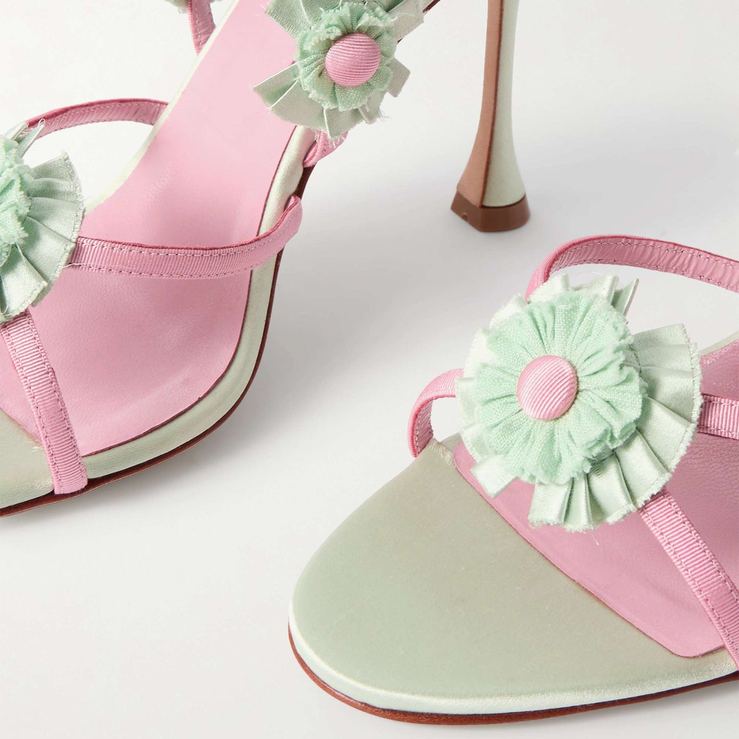 Mint Green Satin Round-Toe Strappy With Flowers Detail High Heels