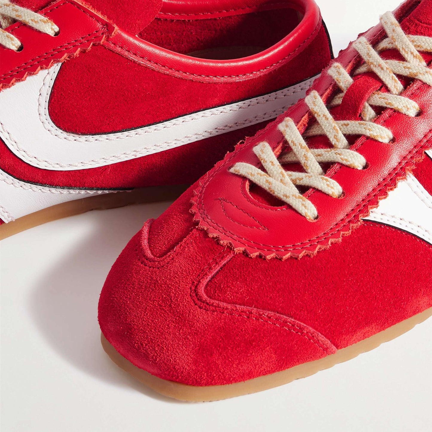 Shiny Red Contrast Faux Suede And Vegan Leather Square-Toe Lace-Up Sneakers Flats