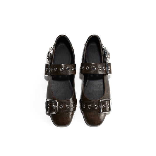 Dark Brown Square-Toe Eyelet Straps Ballet Flats