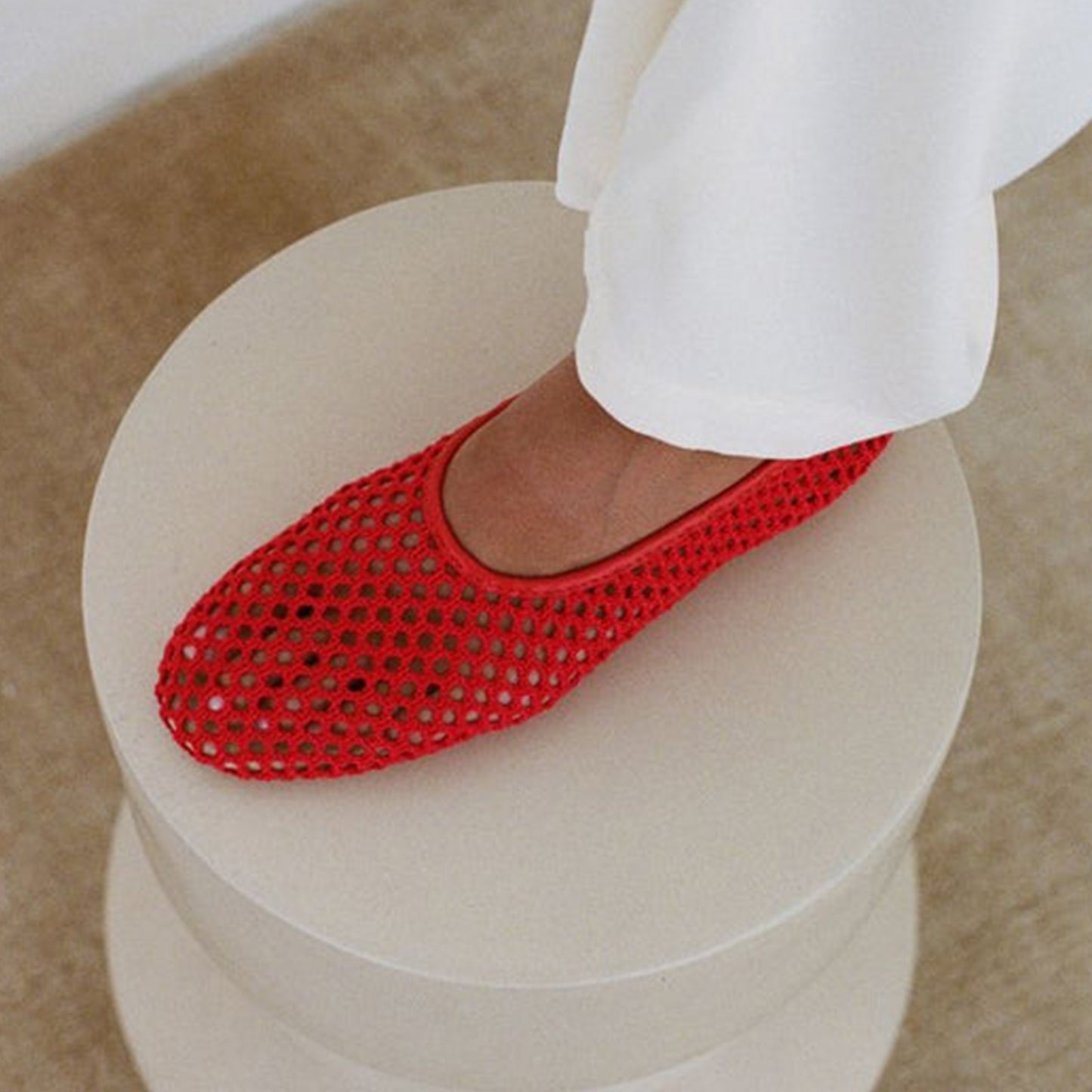 Red Woven Vegan Leather Round-Toe Slip-On Stylish Flats