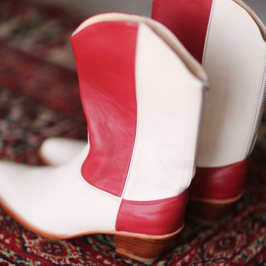 Cream And Red Almond-Toe Simple Back Full-Zip Mid Calf Cowgirl Boots