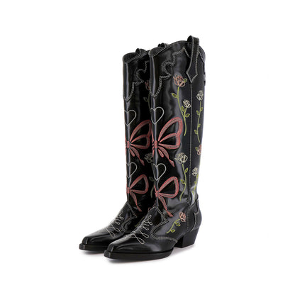 Black Snip-Toe Rose Heart Butterfly Embroidery Wide Calf Knee High Cowgirl Boots