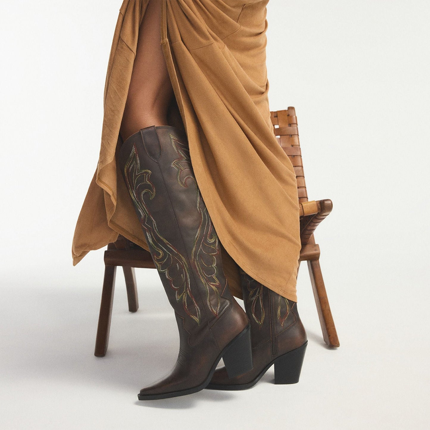 Brown Pointed-Toe Big Wings Embroidery Wide Calf Knee High Cowgirl Boots