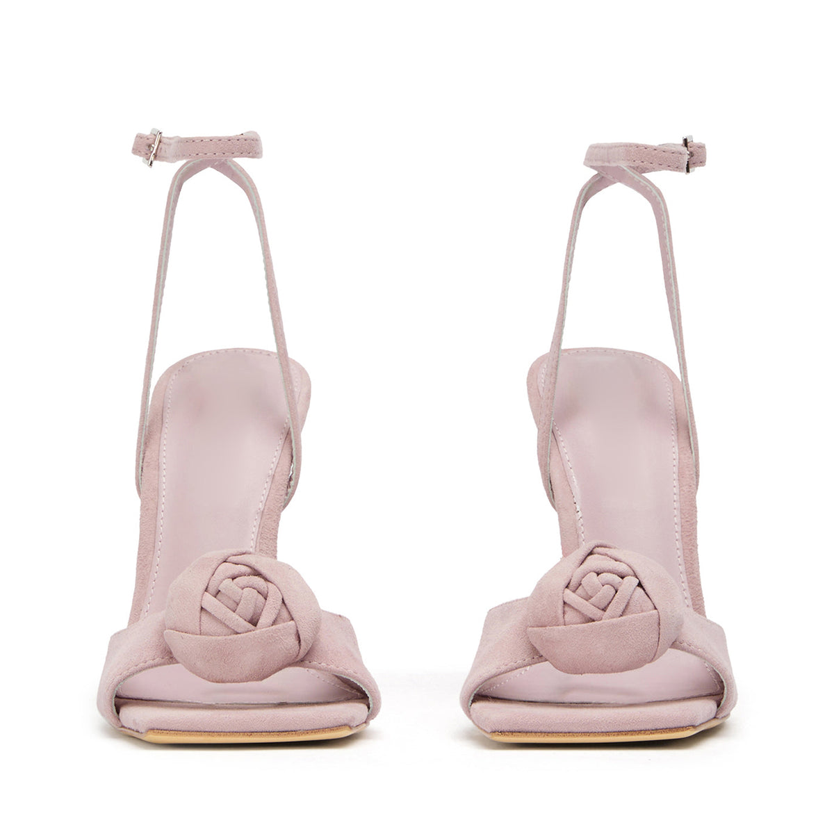 Pink Satin Square-Toe Front Rose Ankle Strap High Heels