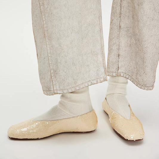 Beige Satin Round-Toe Classic Ballet Slip-On Sequin Flats