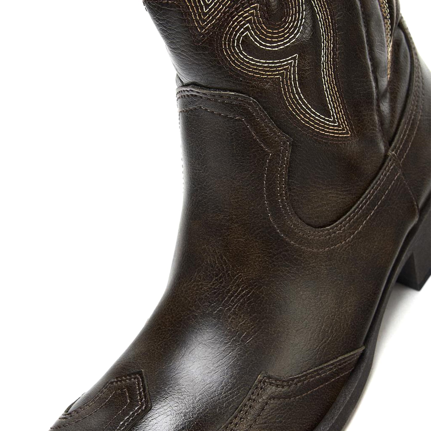 Brown Snip-Toe Embroidery Side Pull Tabs Mid Calf Cowgirl Boots
