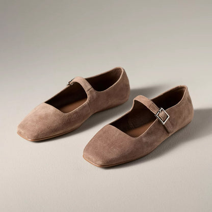 Taupe Faux Suede Square-Toe Bridge Strap Mary Janes Flats