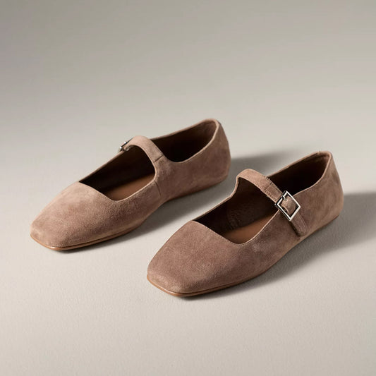 Taupe Faux Suede Square-Toe Bridge Strap Mary Janes Flats